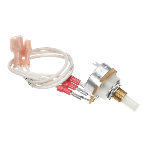 A close-up of a Hatco pot with white and pink wires.