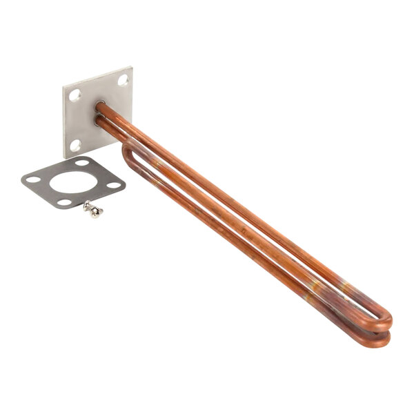 A copper heating element with a metal plate and screw.