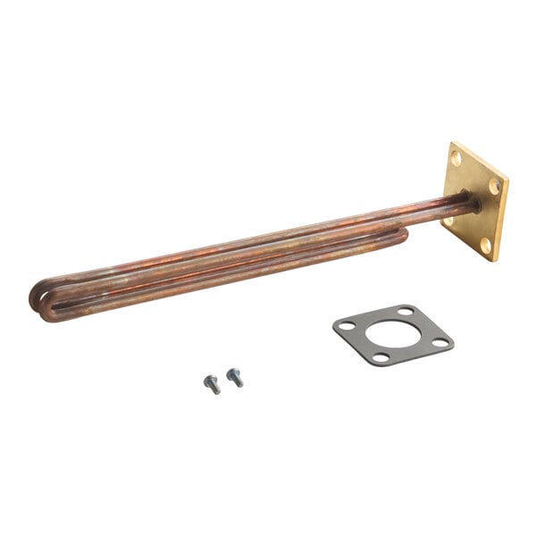 A heating element kit with a metal flange, two screws, and a gasket.