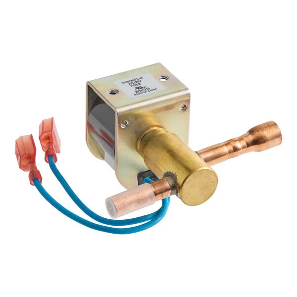 A brass and copper valve component with two blue wires ending in red connectors, and a metallic housing with a label on top.