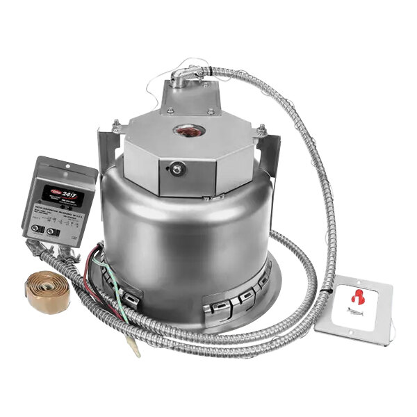 A silver Hatco heated well machine with wires and a drain.