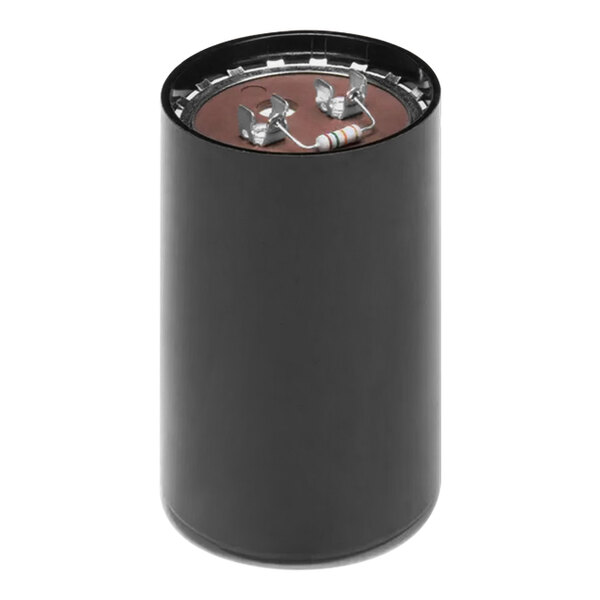 A black cylindrical Manitowoc Ice start capacitor with a brown lid.