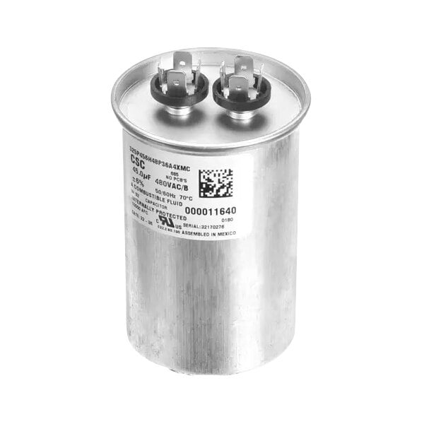 A round silver Manitowoc Ice run capacitor with black and white label on a white background.