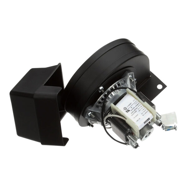 A black and white Frymaster blower assembly motor with a black cover.