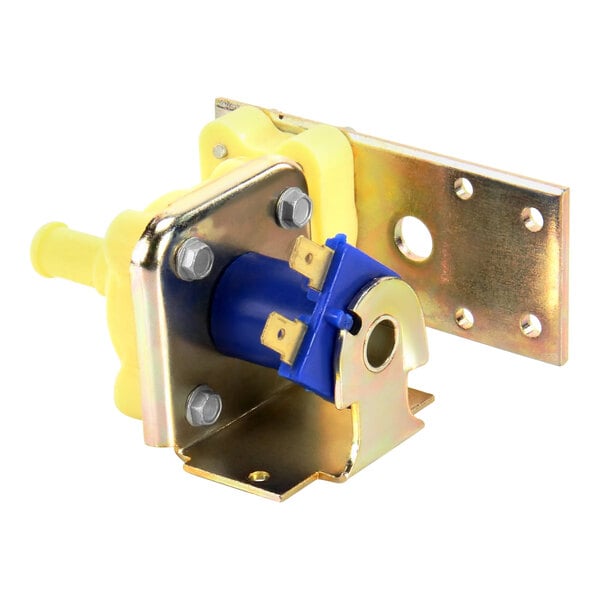 A yellow and blue Manitowoc Ice water inlet valve.