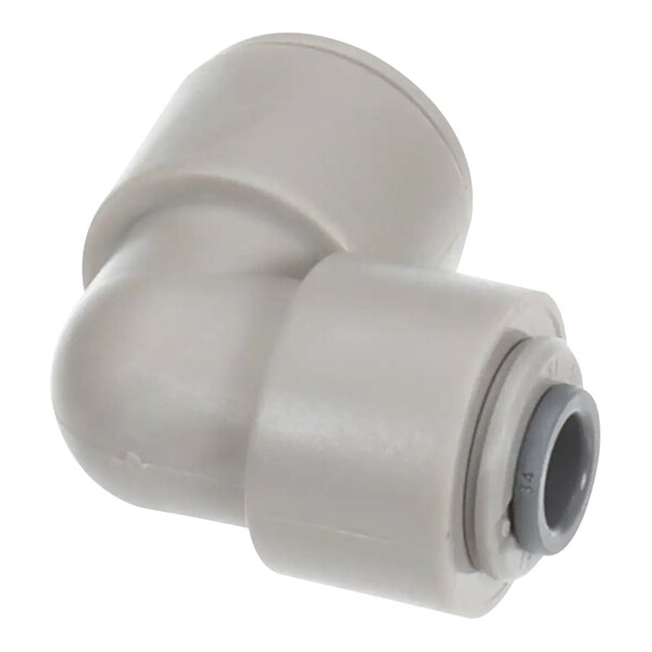 A grey and white plastic pipe fitting with a grey cap.