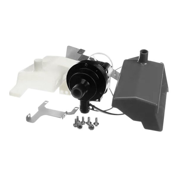 A black and white Manitowoc Ice water pump kit with screws and a hose.