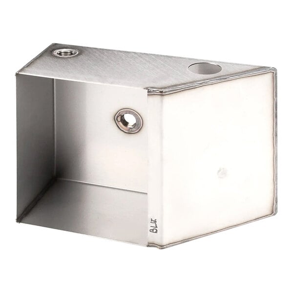 A stainless steel Hatco water tank assembly box with holes.