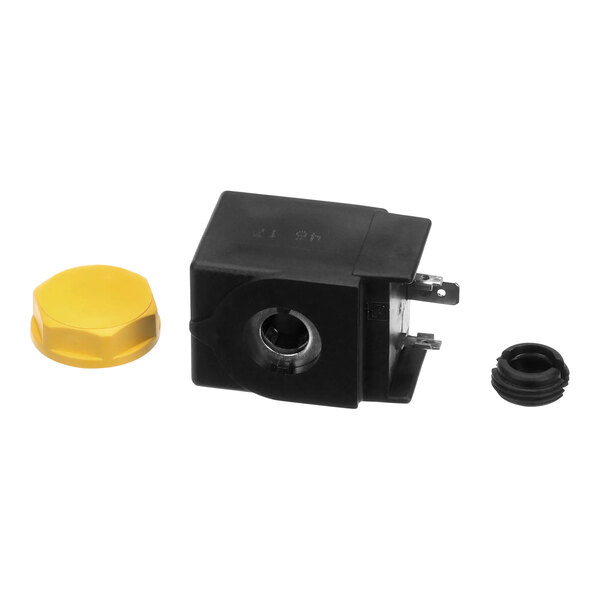 A black square solenoid valve with a yellow cap.