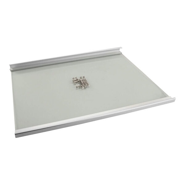 A white rectangular Hatco glass door assembly with metal parts.