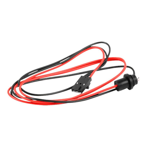 A red and black cable with a red and black plug.