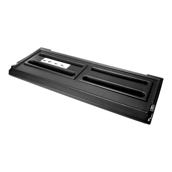 A black Manitowoc Ice lift door tray with two compartments.