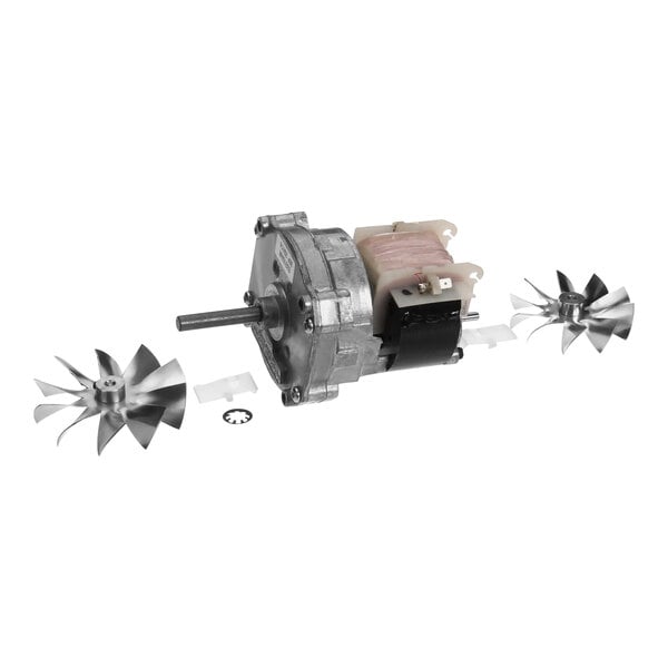 A small electric motor with a metal shaft and two blades.