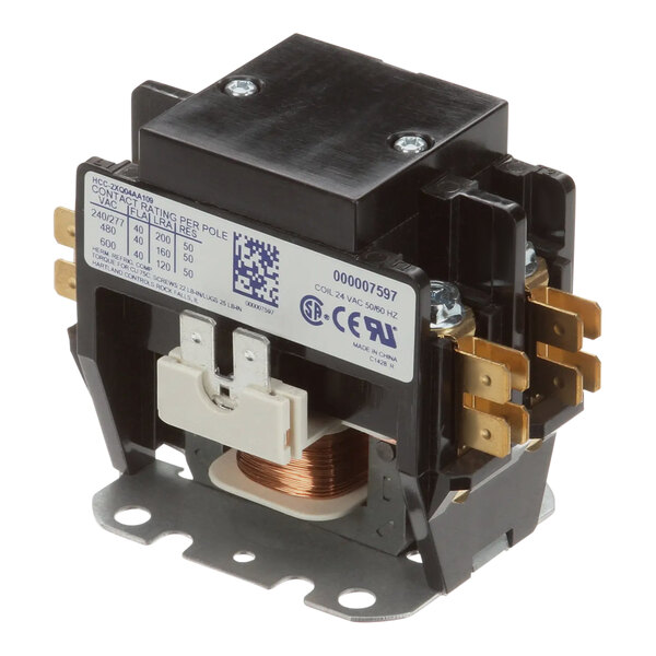 A black electrical contactor with screws and two wires.