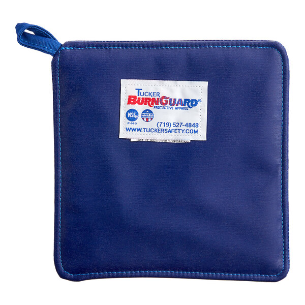 A blue Tucker Safety poly-cotton hot pad with a white label.