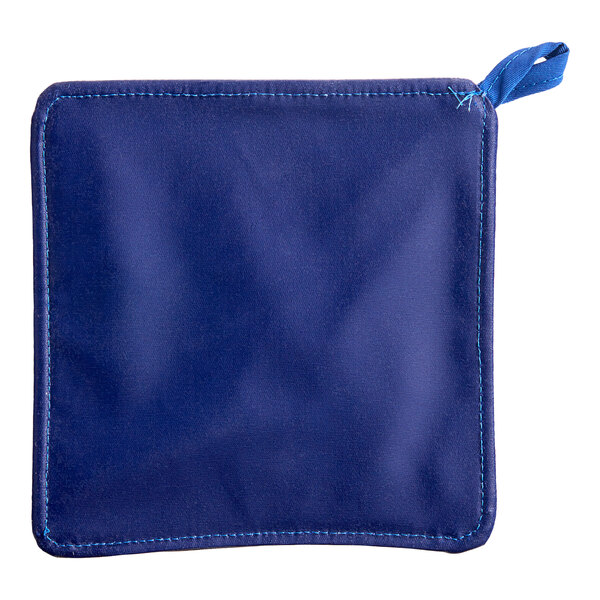A blue poly-cotton Tucker Safety Products hot pad with a blue string.