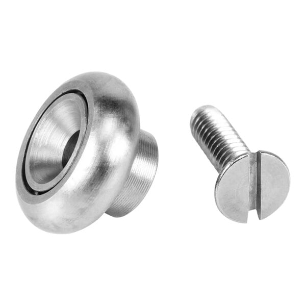 A stainless steel screw and nut next to a Hatco drawer slide roller.
