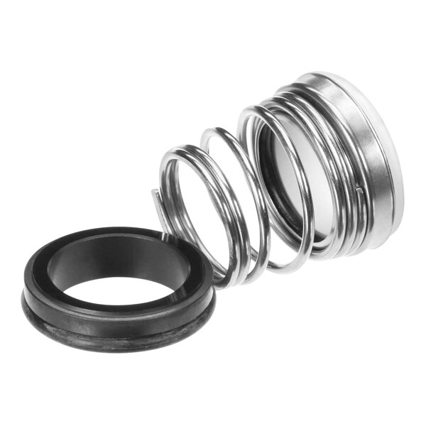 A metal spring with a black rubber ring on it.