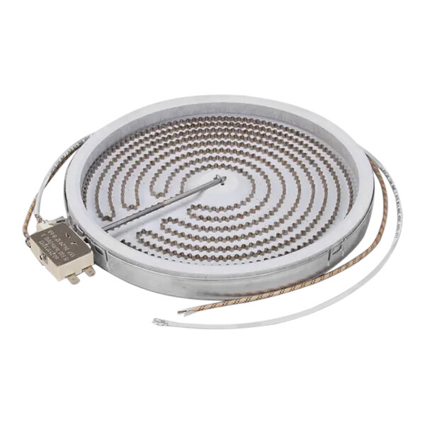 A white circular ceramic heater with a metal rod and wires.