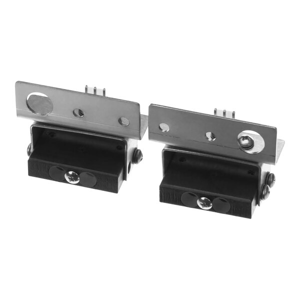 A metal piece with two black metal latch locks and screws.