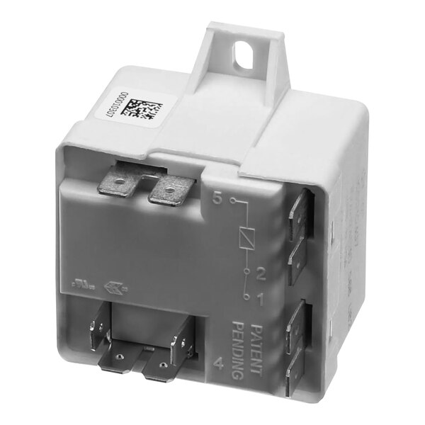 A white and gray Manitowoc Ice start potential relay with two wires.