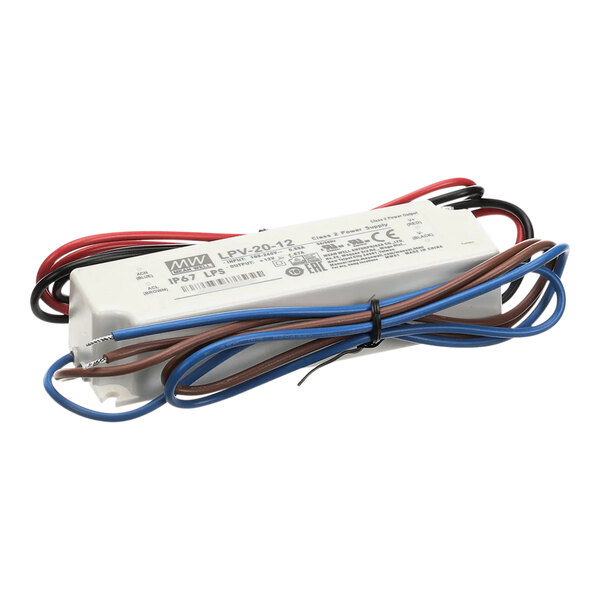 A white Hatco LED driver power supply with red, blue, and black wires.