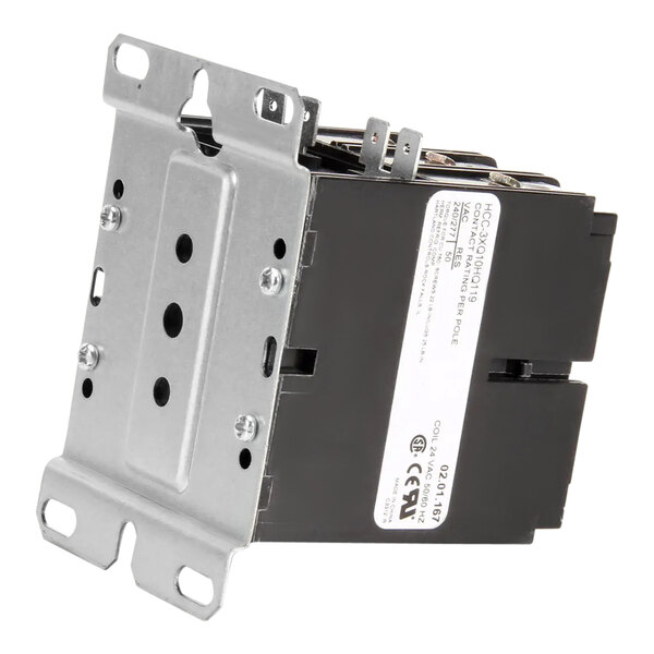 A black and silver Hatco contactor with metal brackets.