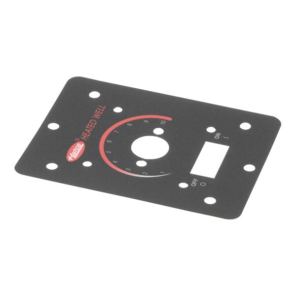 A black rectangular plastic label with red text reading "Hatco"