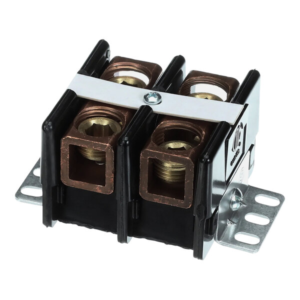 A close-up of a metal Hatco terminal block with two copper wires.