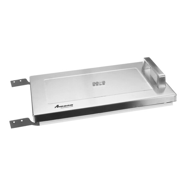 A silver rectangular door assembly for an Amana commercial microwave.