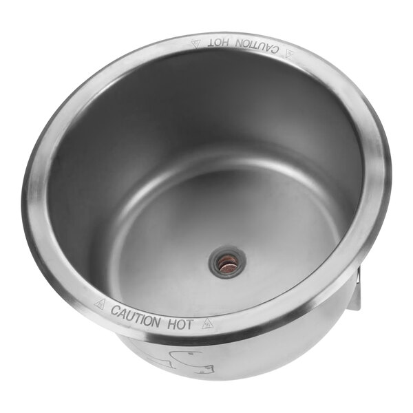 A stainless steel Hatco pan with a drain bracket inside.