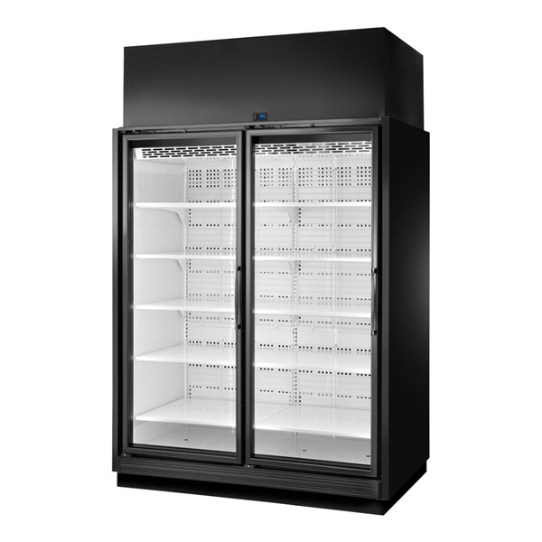 A black True refrigerated glass door merchandiser with LED lighting and two shelves.