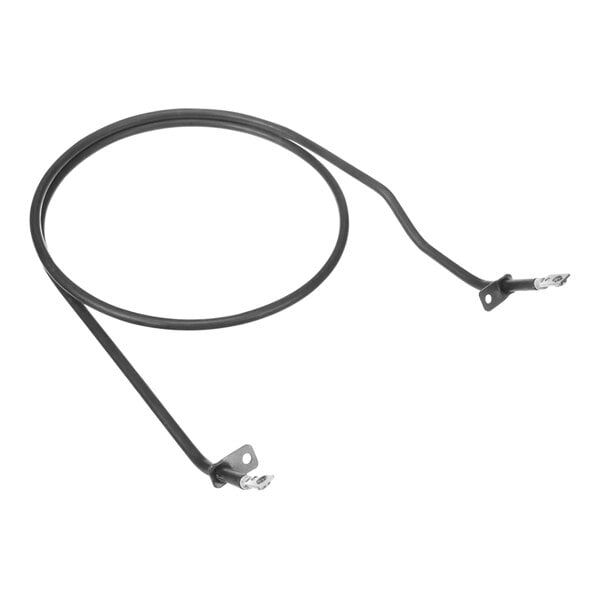A black cable with a metal rod connected to a black wire with metal clips.