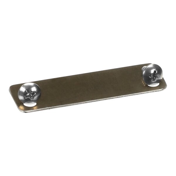 A rectangular metal plate with two holes on it.