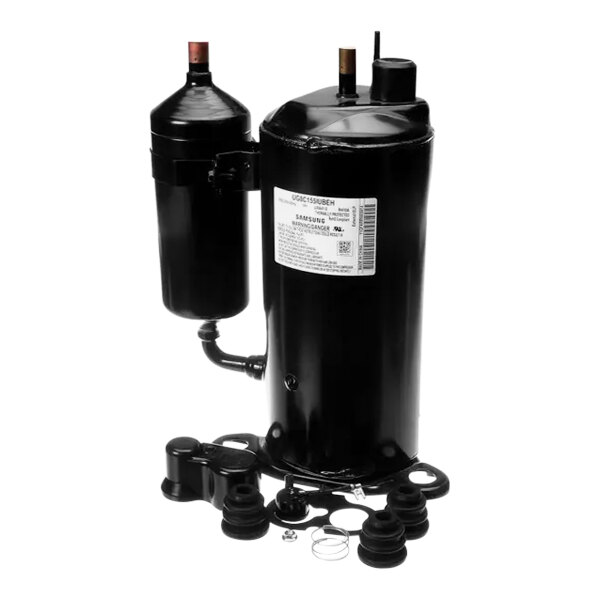 A black Manitowoc Ice compressor with two valves.