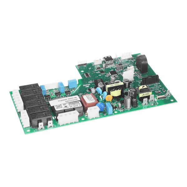 An Amana commercial microwave computer board with a green circuit board and a chip.