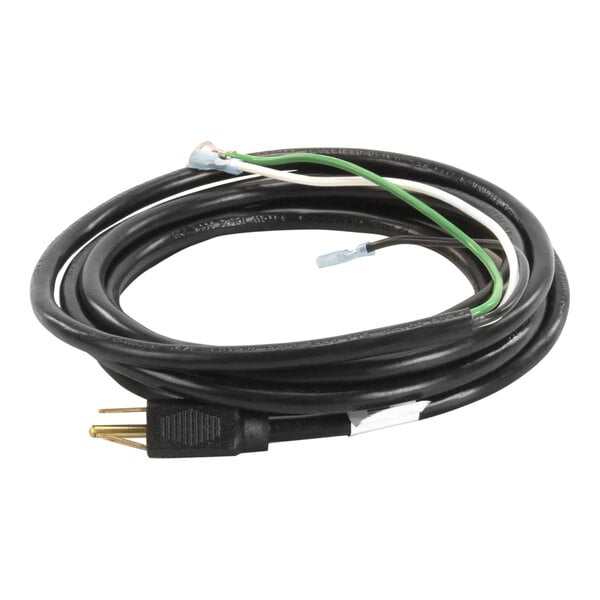 A black power cord with green and white wires.