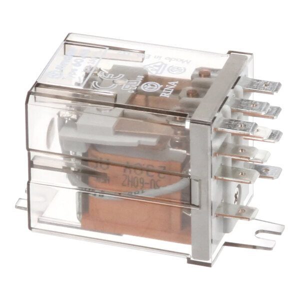 A clear plastic box containing a brown and silver Manitowoc Ice relay with a plastic cover.