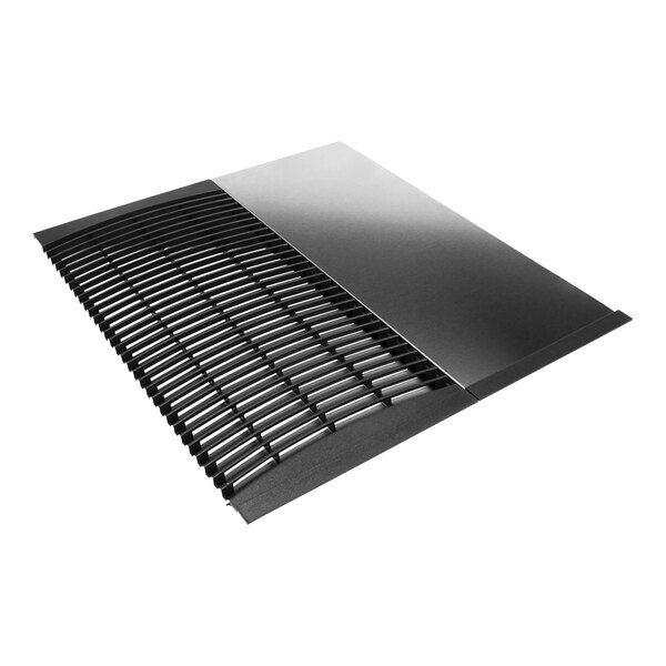 A black metal vent with a metal grate on the left.