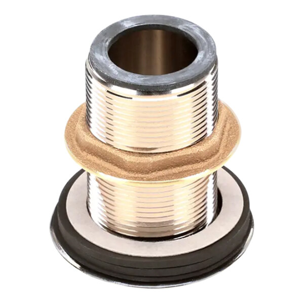 A stainless steel pipe with a gold ring on the end.