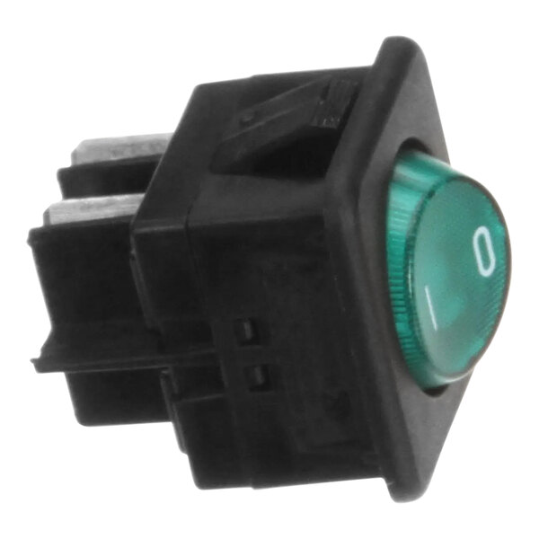 A close-up of a green Manitowoc Ice On/Off Rocker Switch with white text on a black background.