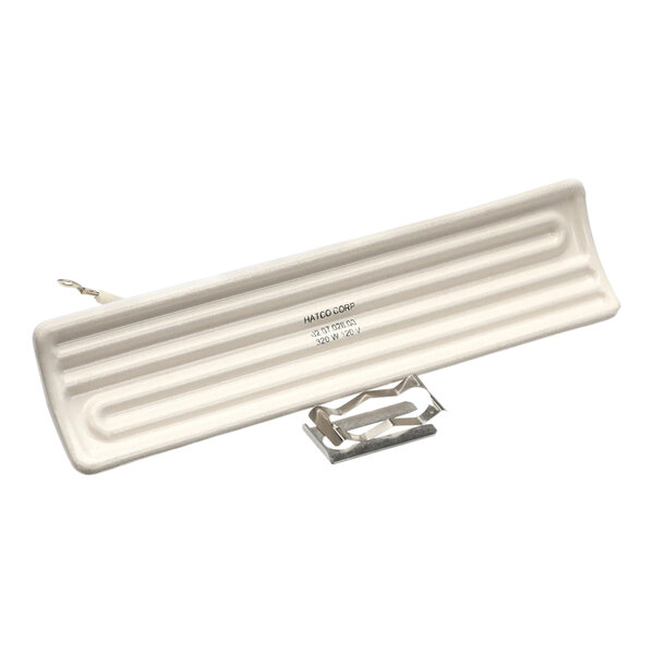A white rectangular Hatco ceramic element with black text and a metal clip.