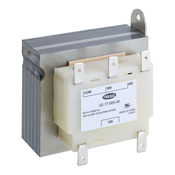 A white plastic box with a white label and metal corners.