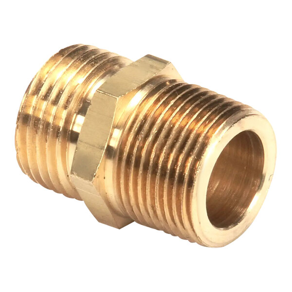 A close-up of a brass Hatco hose connector with a nut.