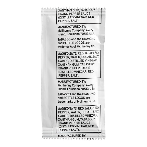 A white TABASCO® Sriracha Hot Sauce packet with black text.