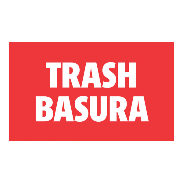 A red rectangular Lavex waste stream label with white text that says "Trash Basura"