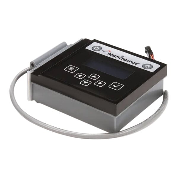 A black and grey electronic digital temperature controller with a wire.