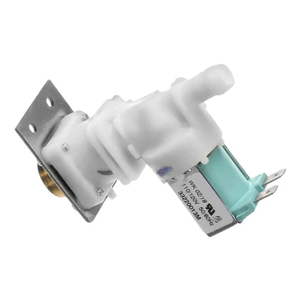 A close-up of a white plastic Manitowoc Ice water inlet valve with blue and silver metal plates.