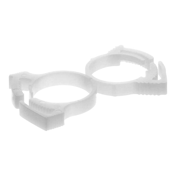 A white plastic hose clamp with a couple of holes.