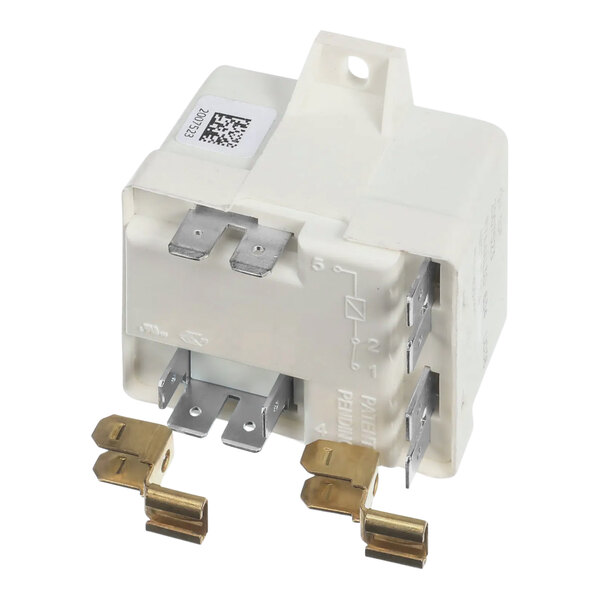 A white Manitowoc Ice start relay with metal and gold wires.